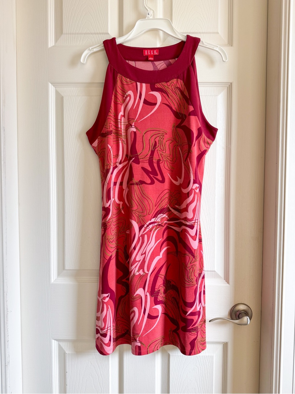 ELLE Pink & Red Abstract Swirl Halter Neck Sleeveless Dress - Size L